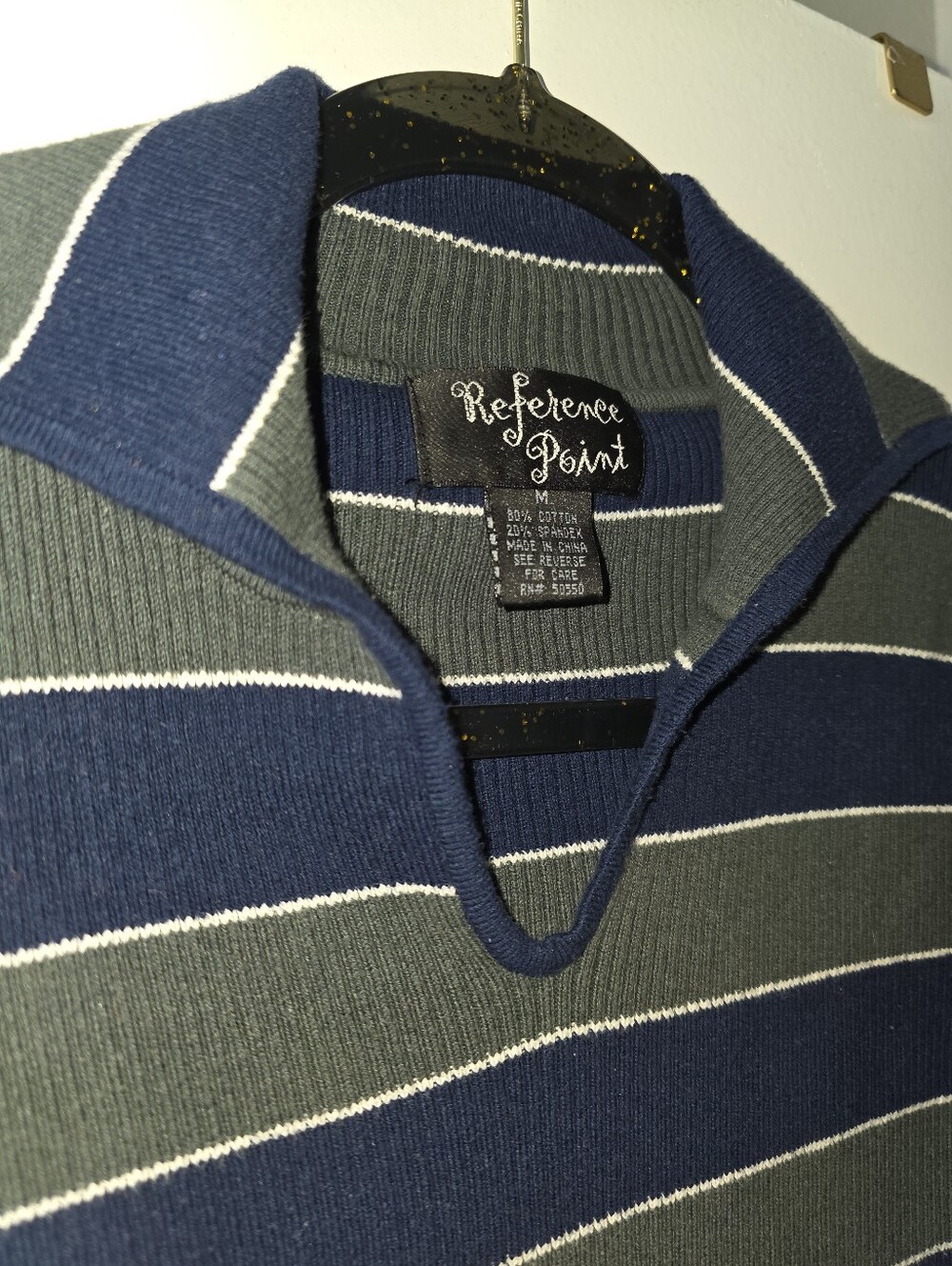 Y2K Retro Reference Point Navy And Green Striped Collared Knit Top Size M - Picture 2 of 4